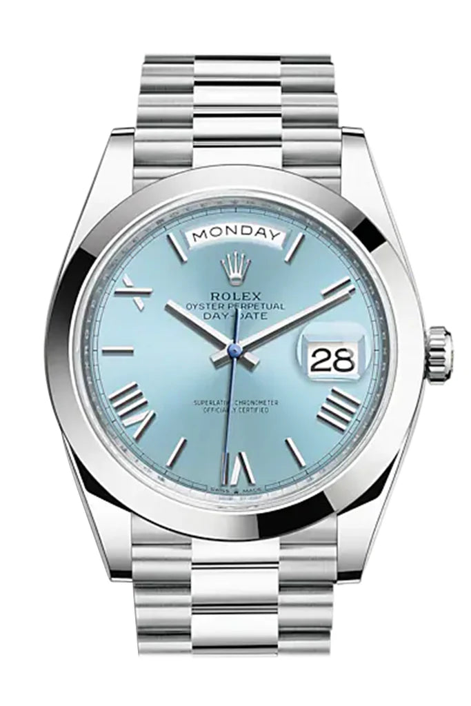 Rolex Day-Date 40 Ice Blue Dial Roman Dome Bezel Platinum President Automatic Men's Watch 228206