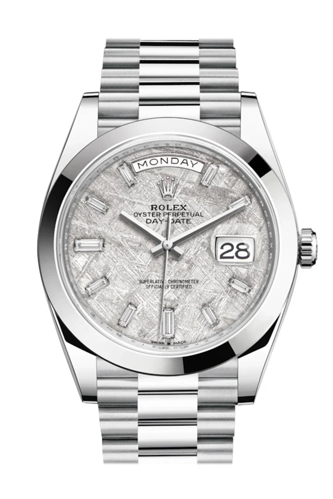 Rolex Day-Date 40 Meteorite Baguette Diamond Dial Dome Bezel Platinum President Automatic Men's Watch 228206