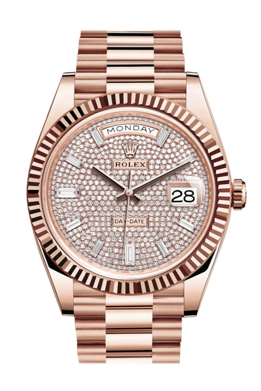 Rolex Day-Date 40 Pave Diamond Baguette-Cut Fluted Dial Everose Gold President Automatic Men's Watch 228235