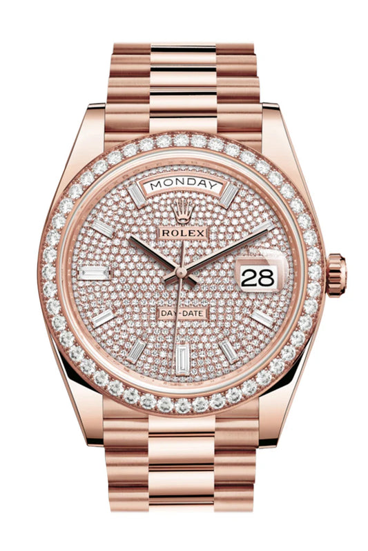 Rolex Day-Date 40 Pave Diamond Baguette-Cut Diamonds Dial Everose Gold President Automatic Men's Watch 228345RBR