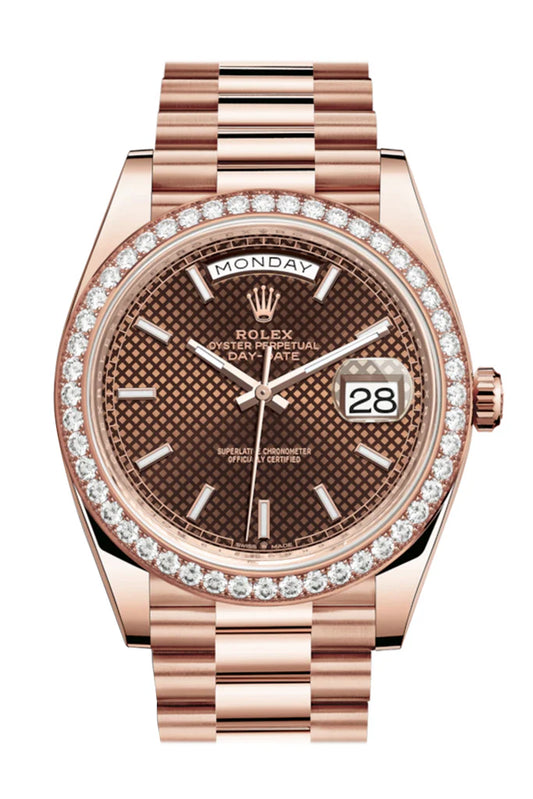 Rolex Day-Date 40 Chocolate Diagonal 10 Baguette-Cut Diamonds Dial Everose Gold President Automatic Men's Watch 228345RBR