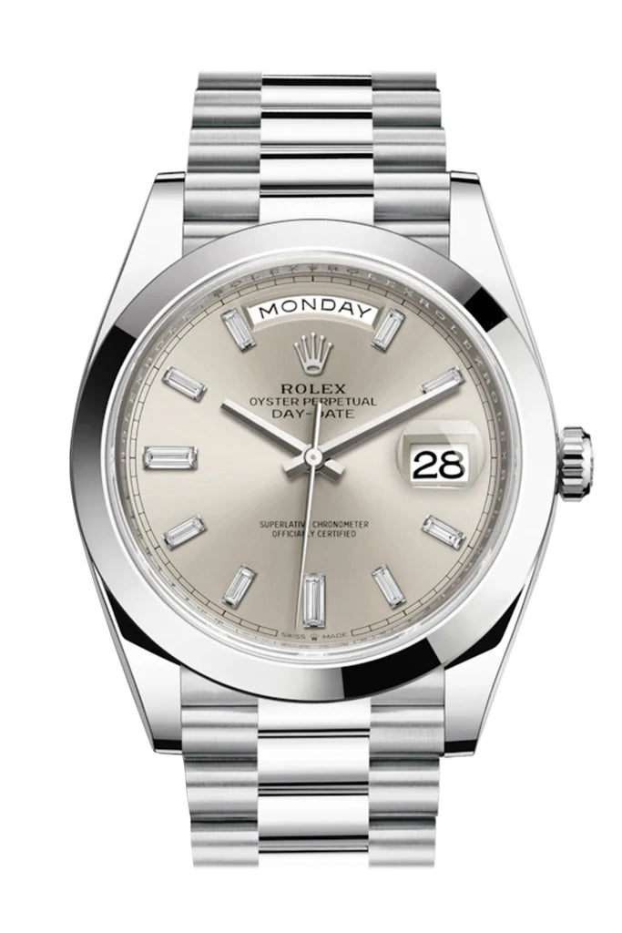 Rolex Day-Date 40 Silver Baguette Diamond Dial Platinum President Automatic Men's Watch 228206