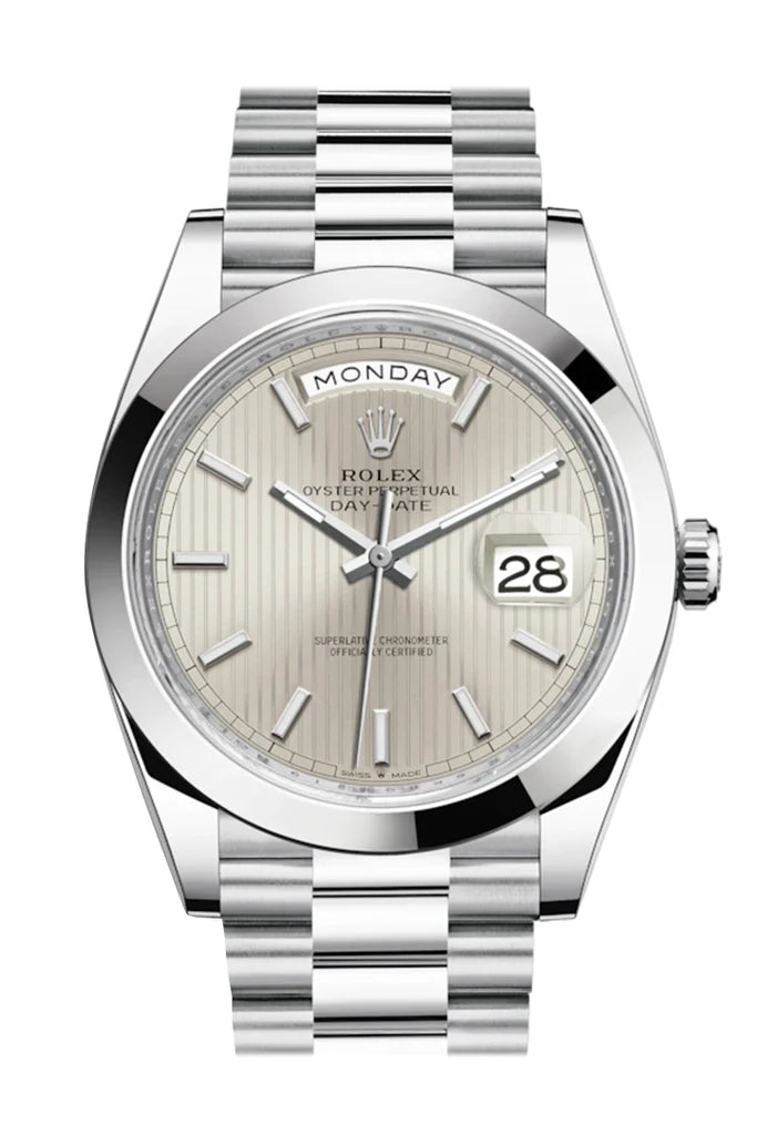 Rolex Day-Date 40 Silver Stripe Motif Dial Dome Bezel Platinum President Automatic Men's Watch 228206