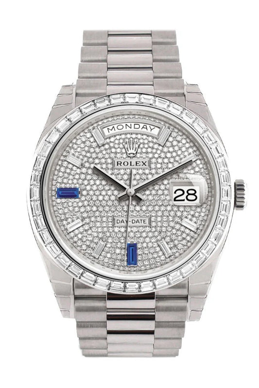 Rolex Day-Date 40 Paved Diamond Sapphires Dial 40 Baguette Diamond Bezel Platinum President Automatic Men's Watch 228396TBR