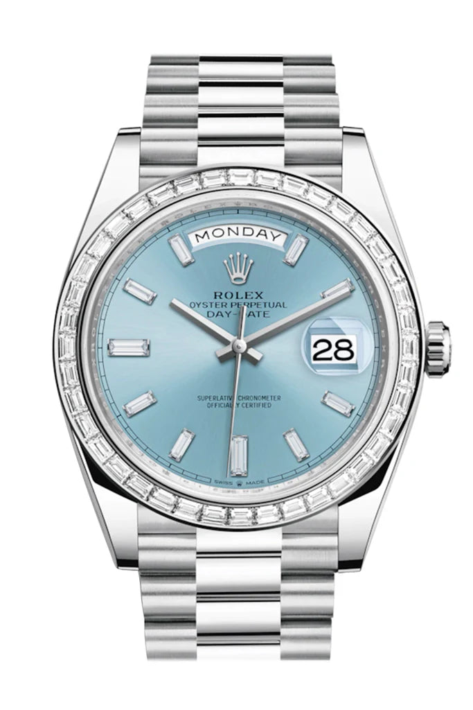 Rolex Day-Date 40 Ice Blue Baguette Diamond Dial 40 Baguette Diamond Bezel Platinum President Automatic Men's Watch 228396TBR