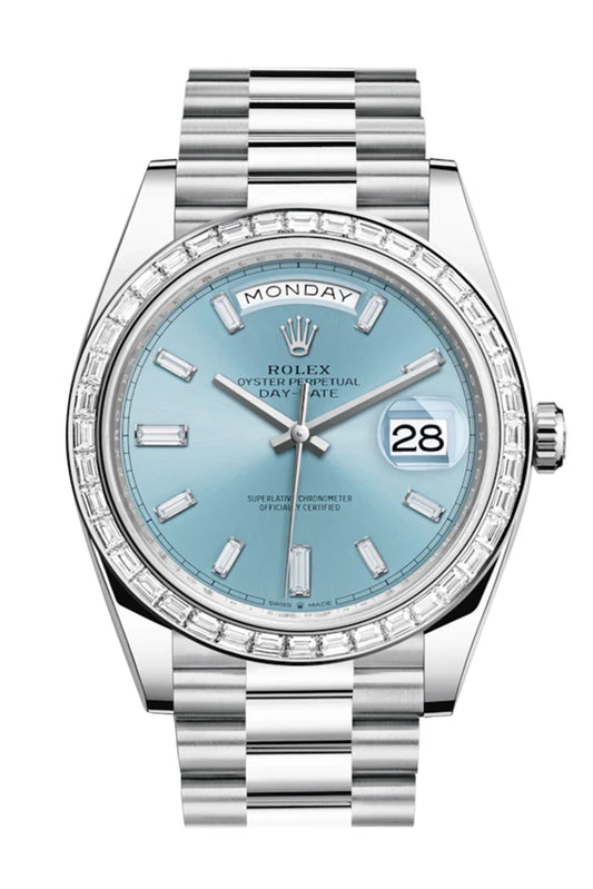 Rolex Day-Date 40 Ice Blue Baguette Diamond Dial 40 Baguette Diamond Bezel Platinum President Automatic Men's Watch 228396TBR