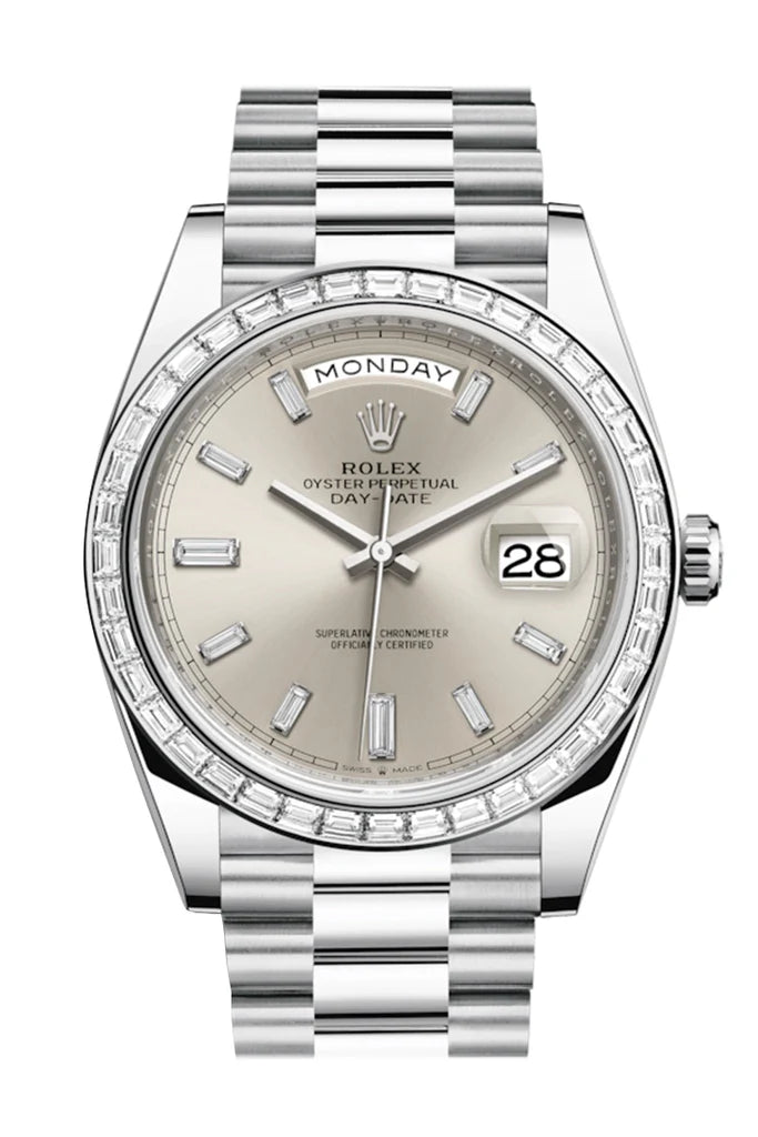 Rolex Day-Date 40 Silver Baguette Diamond Dial 40 Baguette Diamond Bezel Platinum President Automatic Men's Watch 228396TBR