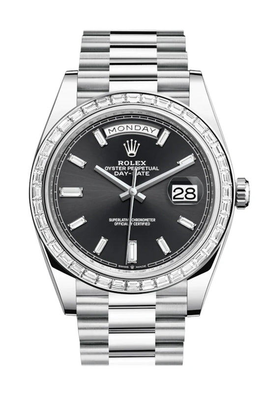 Rolex Day-Date 40 Black Baguette Diamond Dial 40 Baguette Diamond Bezel Platinum President Automatic Men's Watch 228396TBR