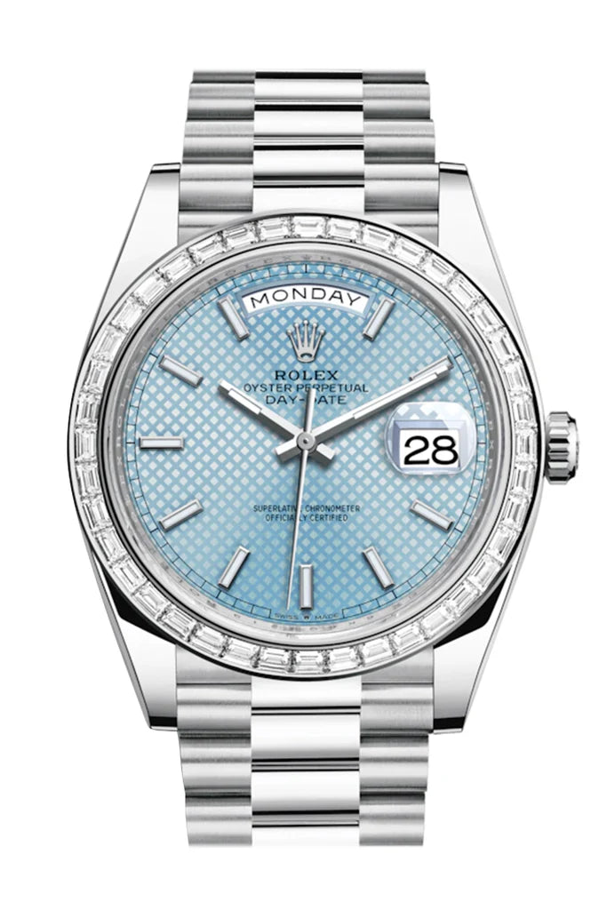 Rolex Day-Date 40 Ice Blue Baguette Diamond Dial 40 Baguette Diamond Bezel Platinum President Automatic Men's Watch 228396TBR