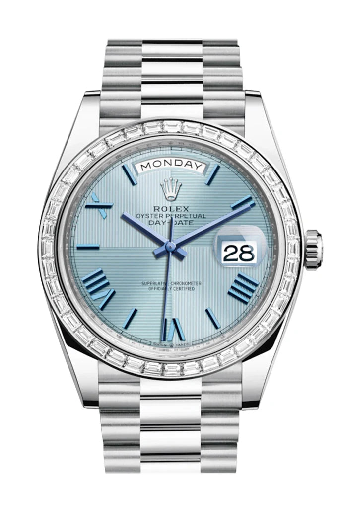 Rolex Day-Date 40 Ice Blue Quadrant Motif Baguette Diamond Dial 40 Baguette Diamond Bezel Platinum President Automatic Men's Watch 228396TBR