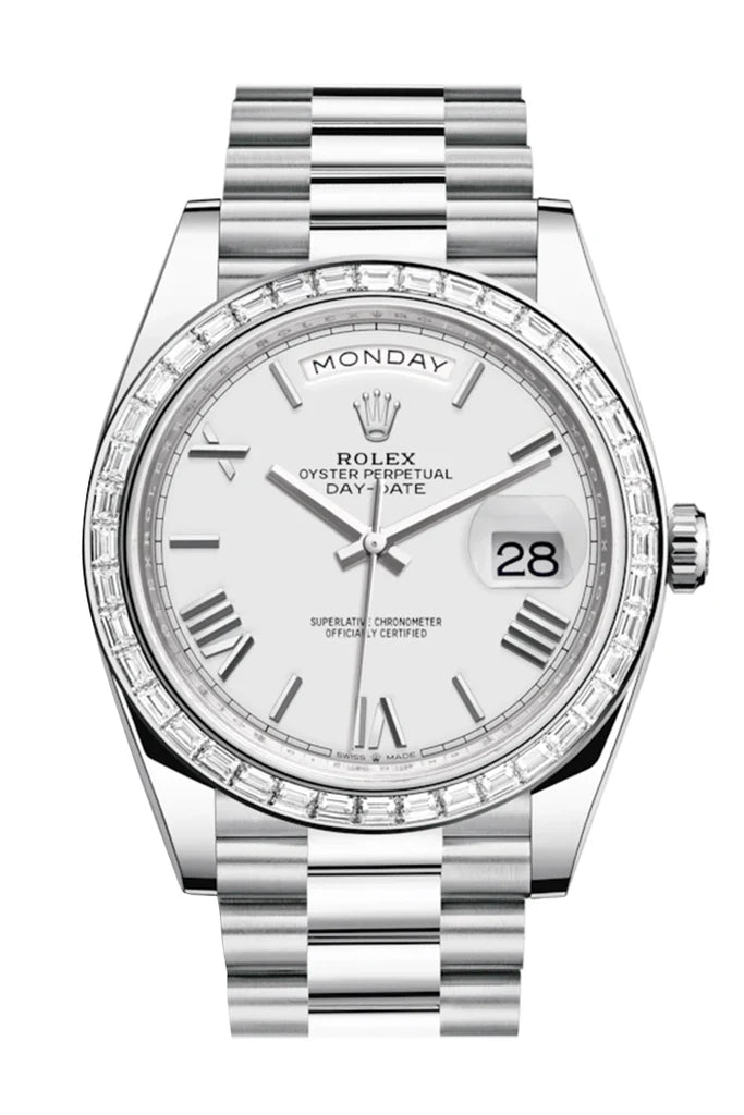 Rolex Day-Date 40 White Roman Baguette Diamond Dial 40 Baguette Diamond Bezel Platinum President Automatic Men's Watch 228396TBR