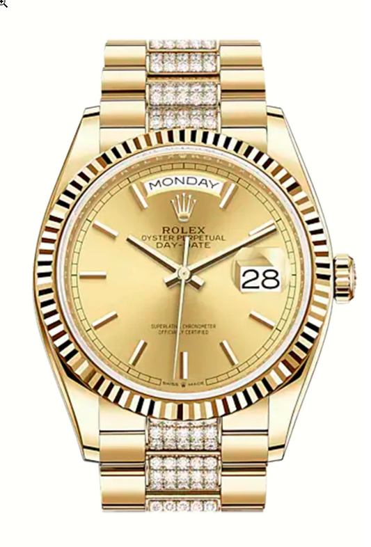 Rolex Day-Date 36 Champagne Stick Dial 18k Yellow Gold Watch with Diamond-Set President Bracelet (128238)