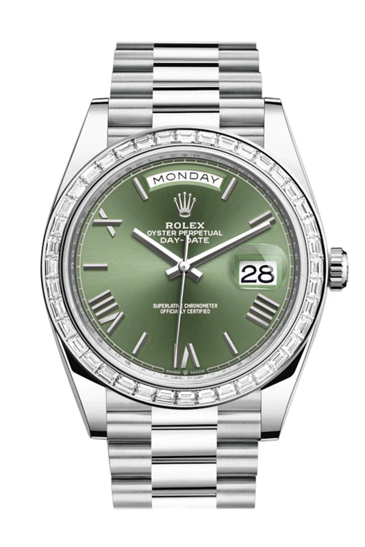 Rolex Day-Date 40 Olive Green Baguette Diamond Dial 40 Baguette Diamond Bezel Platinum President Automatic Men's Watch 228396TBR