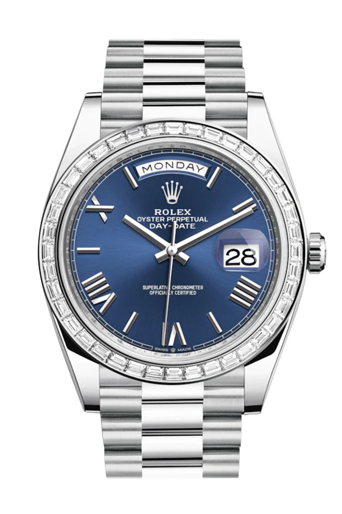 Rolex Day-Date 40 Blue Roman Baguette Diamond Dial 40 Baguette Diamond Bezel Platinum President Automatic Men's Watch 228396TBR