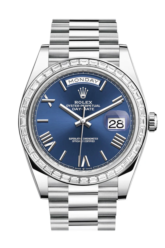 Rolex Day-Date 40 Blue Roman Baguette Diamond Dial 40 Baguette Diamond Bezel Platinum President Automatic Men's Watch 228396TBR