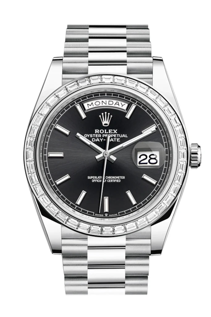 Rolex Day-Date 40 Black Dial 40 Baguette Diamond Bezel Platinum President Automatic Men's Watch 228396TBR