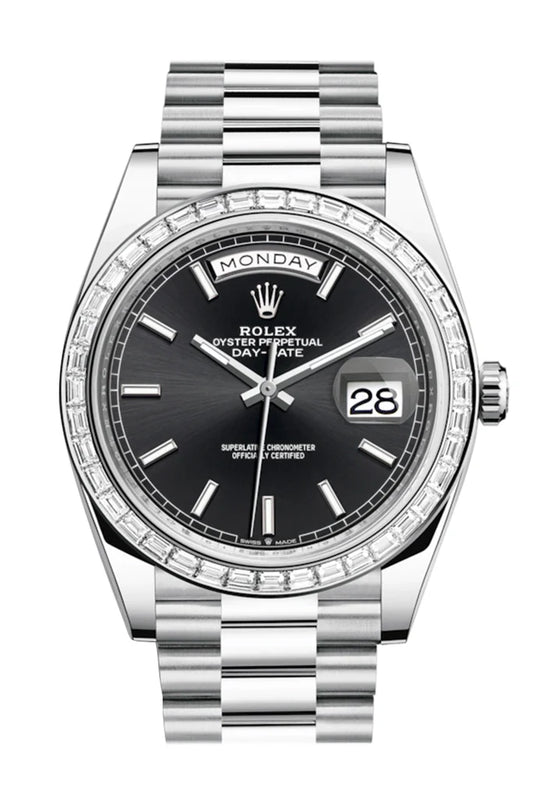 Rolex Day-Date 40 Black Dial 40 Baguette Diamond Bezel Platinum President Automatic Men's Watch 228396TBR