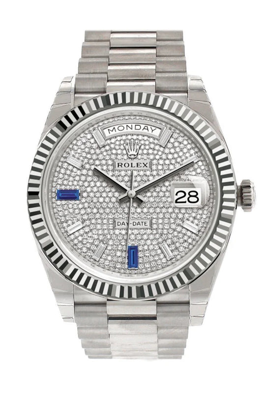 Rolex Day-Date 40 Paved Diamond and Sapphires Dial Fluted Bezel White Gold President Automatic Men's Watch 228239