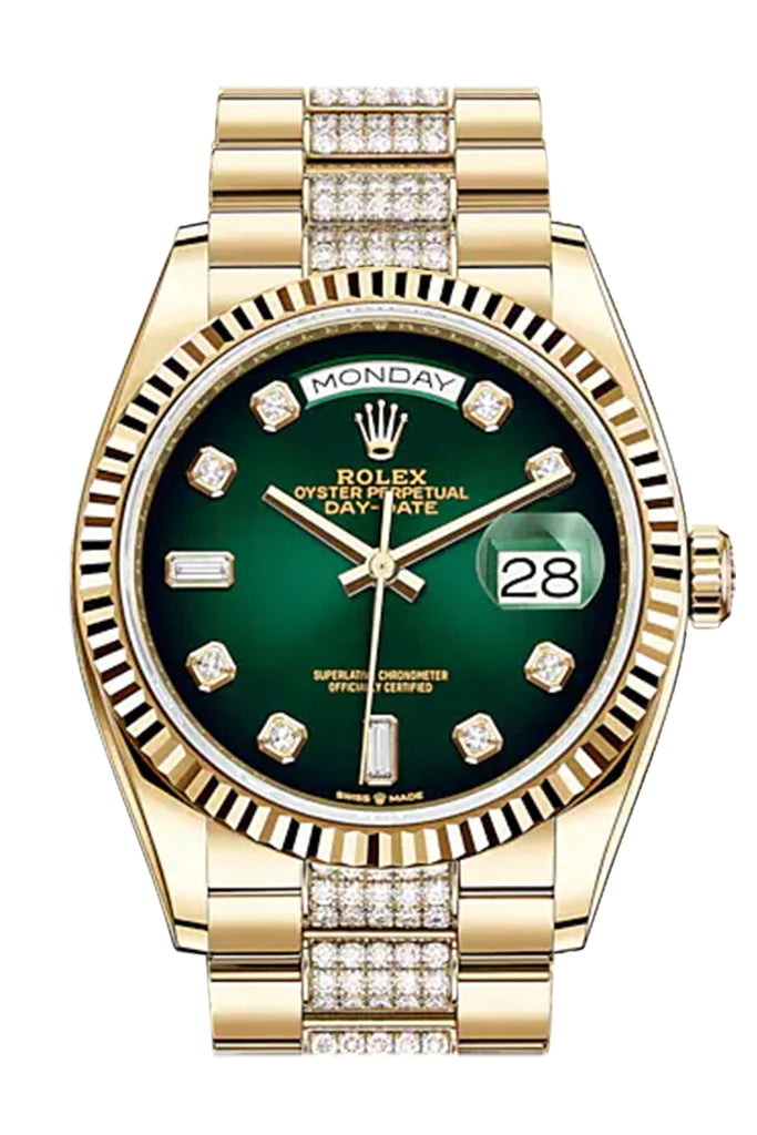 Rolex Day-Date 36 Green Ombré Diamond-Set Dial 18k Yellow Gold Watch with Diamond-Set President Bracelet (128238)