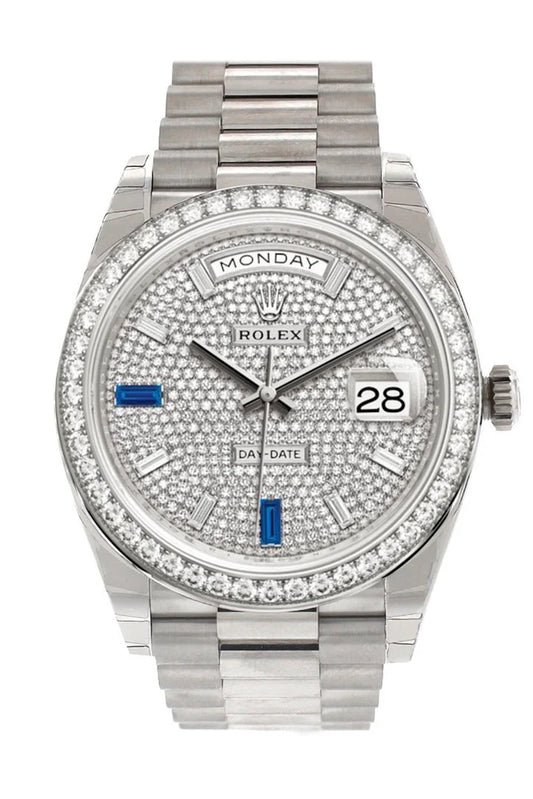 Rolex Day-Date 40 Paved Diamond and Sapphires Dial Diamond Bezel White Gold President Automatic Men's Watch 228349RBR