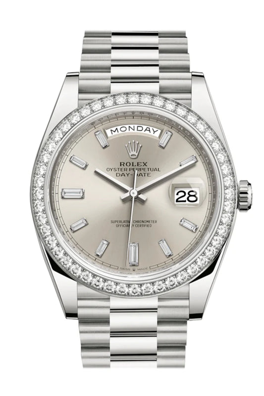 Rolex Day-Date 40 Silver Baguette Diamond Dial Diamond Bezel White Gold President Automatic Men's Watch 228349RBR