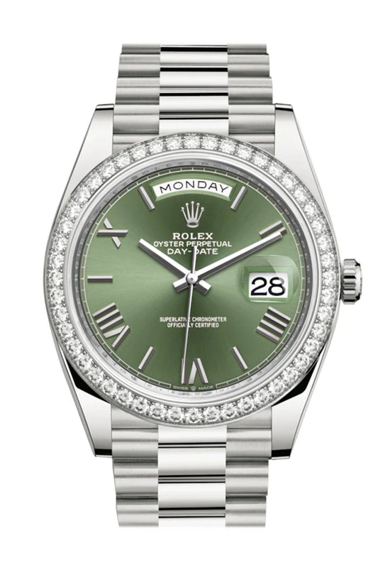 Rolex Day-Date 40 Olive Green Roman Dial Diamond Bezel White Gold President Automatic Men's Watch 228349RBR