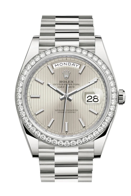 Rolex Day-Date 40 Silver Stripe Motif Dial Diamond Bezel White Gold President Automatic Men's Watch 228349RBR