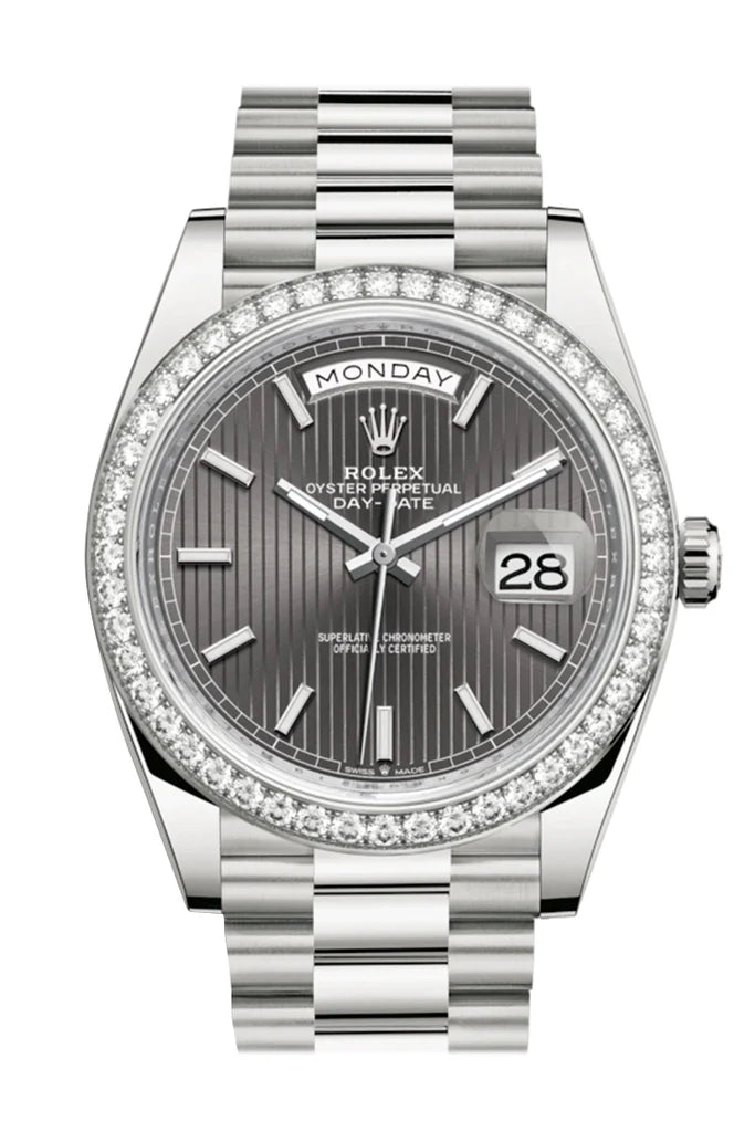 Rolex Day-Date 40 Dark Rhodium Stripe Motif Dial Diamond Bezel White Gold President Automatic Men's Watch 228349RBR