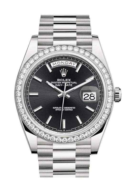 Rolex Day-Date 40 Black Dial Diamond Bezel White Gold President Automatic Men's Watch 228349RBR