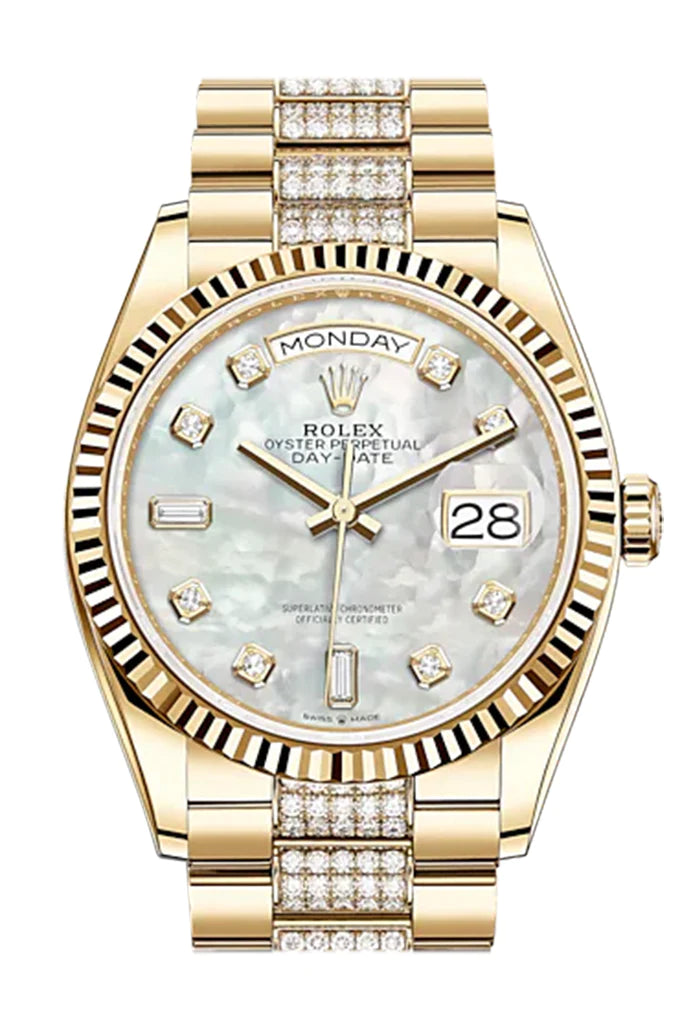 Rolex Day-Date 36 White Mother of Pearl Diamond Dial 18k Yellow Gold Watch with Diamond-Set President Bracelet (128238)