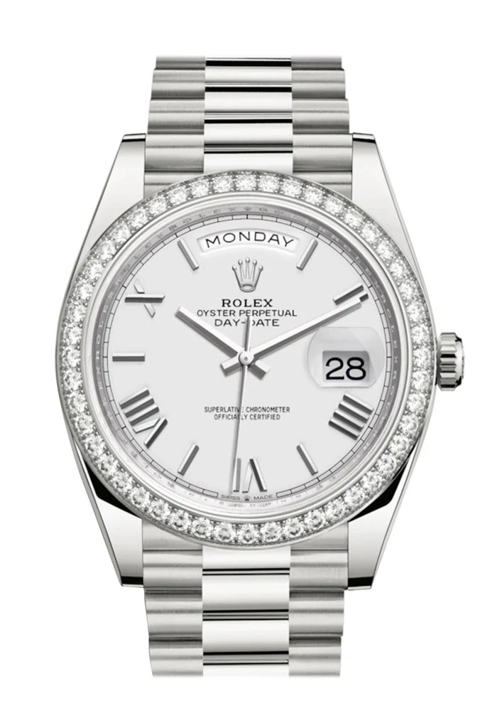 Rolex Day-Date 40 White Roman Dial Diamond Bezel White Gold President Automatic Men's Watch 228349RBR