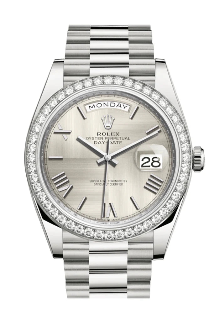 Rolex Day-Date 40 Silver Roman Dial Diamond Bezel White Gold President Automatic Men's Watch 228349RBR