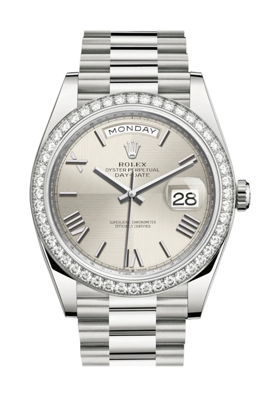 Rolex Day-Date 40 Silver Roman Dial Diamond Bezel White Gold President Automatic Men's Watch 228349RBR