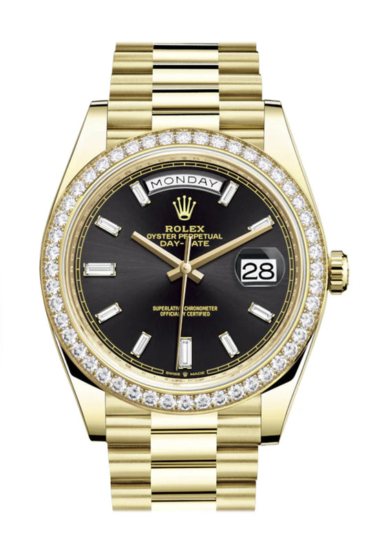 Rolex Day-Date 40 Black Baguette Diamond Dial Diamond Bezel 18K Yellow Gold President Automatic Men's Watch 228348RBR