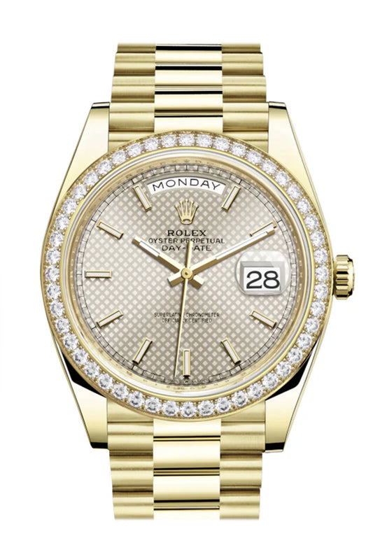 Rolex Day-Date 40 Silver Motif Dial Diamond Bezel 18K Yellow Gold President Automatic Men's Watch 228348