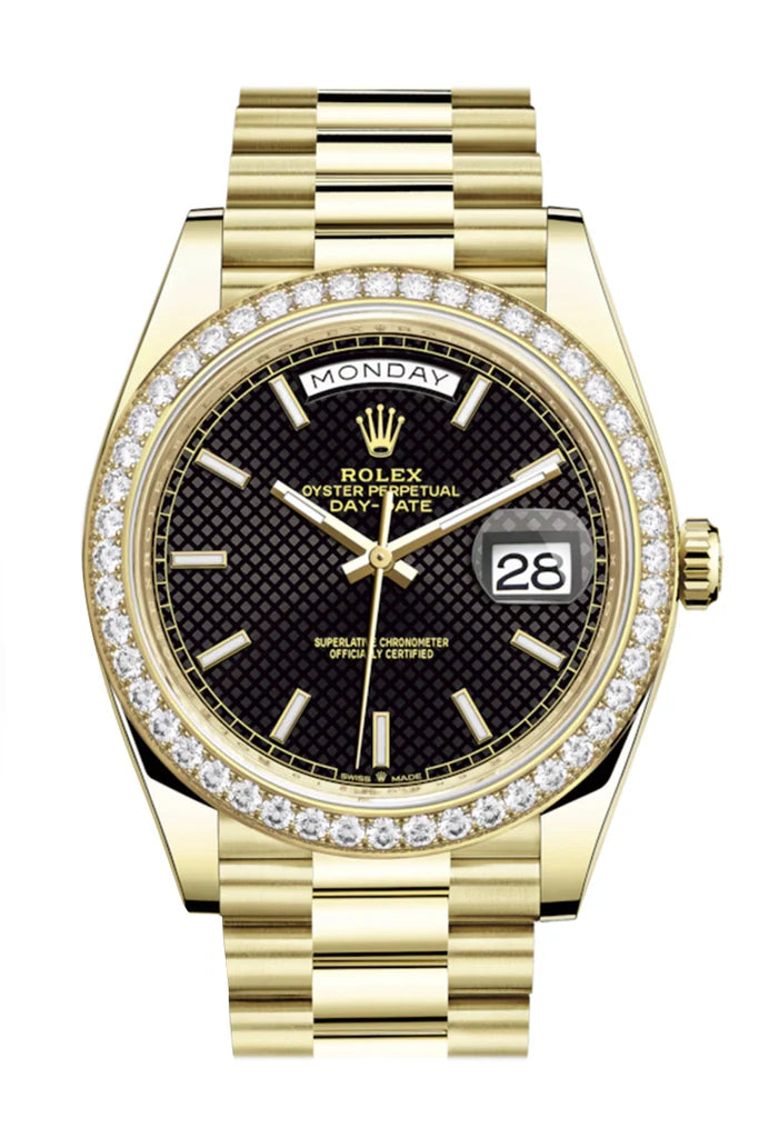 Rolex Day-Date 40 Black Motif Dial Diamond Bezel 18K Yellow Gold President Automatic Men's Watch 228348