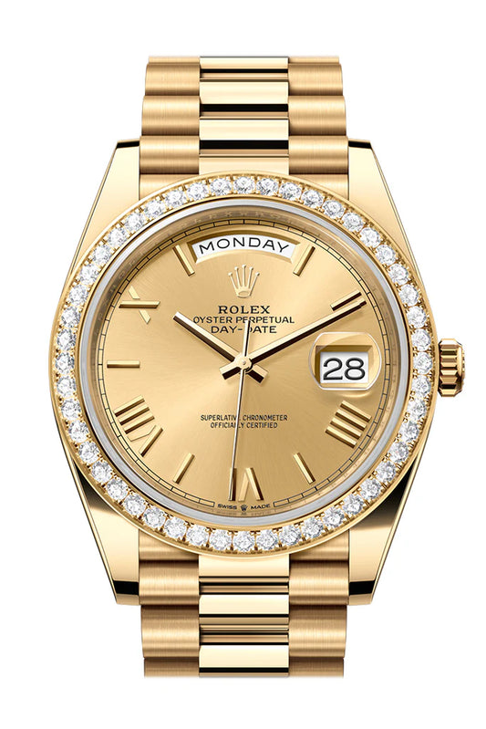 Rolex Day-Date 40 Champage Roman Dial Diamond Bezel 18K Yellow Gold President Automatic Men's Watch 228348