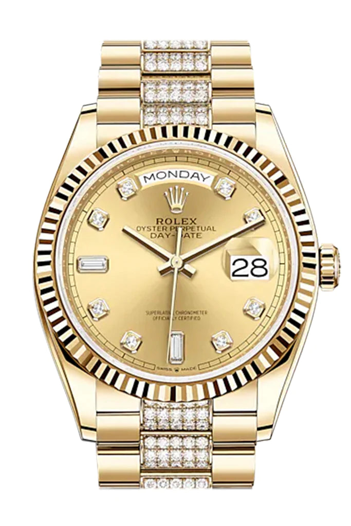 Rolex Day-Date 36 Champagne Diamond Dial 18k Yellow Gold Watch with Diamond-Set President Bracelet (128238)