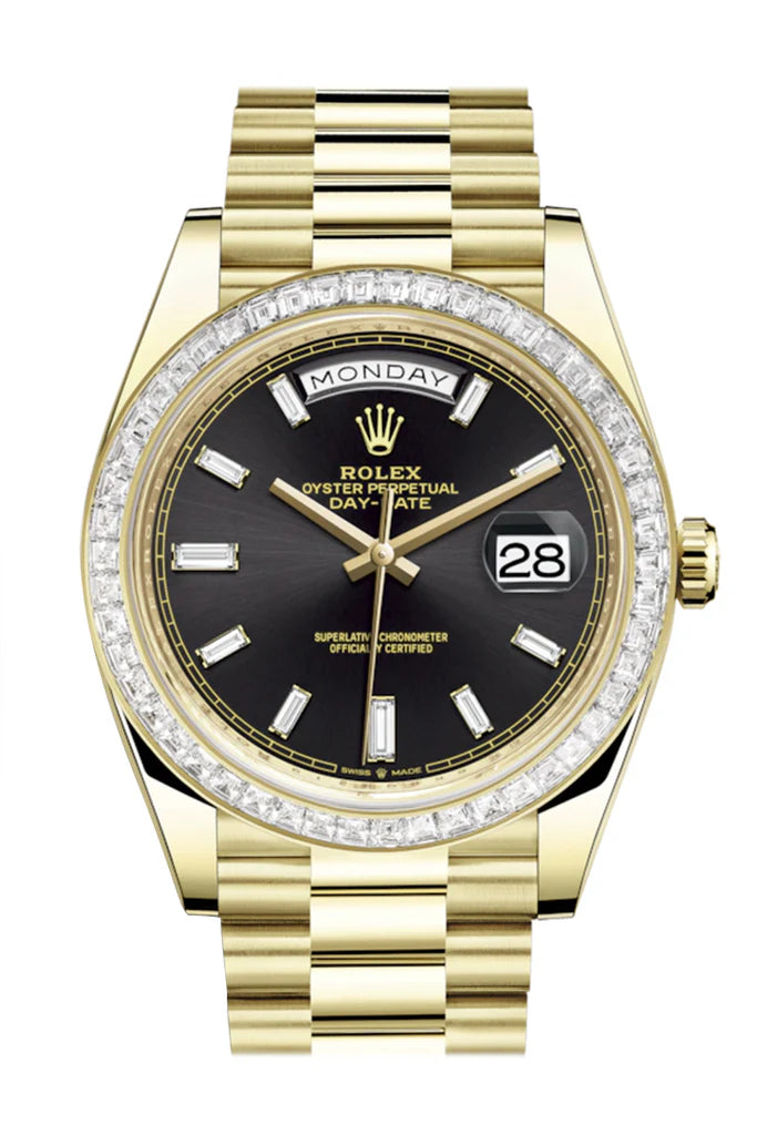 Rolex Day-Date 40 Black Baguette Diamond Dial 40 Baguette Diamond Bezel 18K Yellow Gold President Automatic Men's Watch 228348RBR