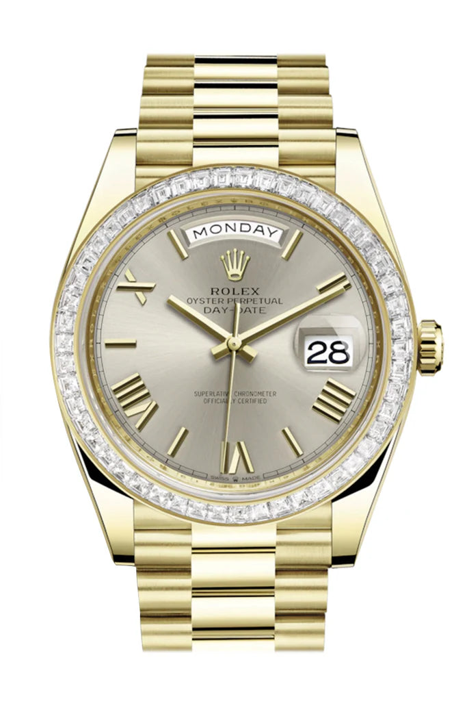 Rolex Day-Date 40 Silver Roman Dial 40 Baguette Diamond Bezel 18K Yellow Gold President Automatic Men's Watch 228398