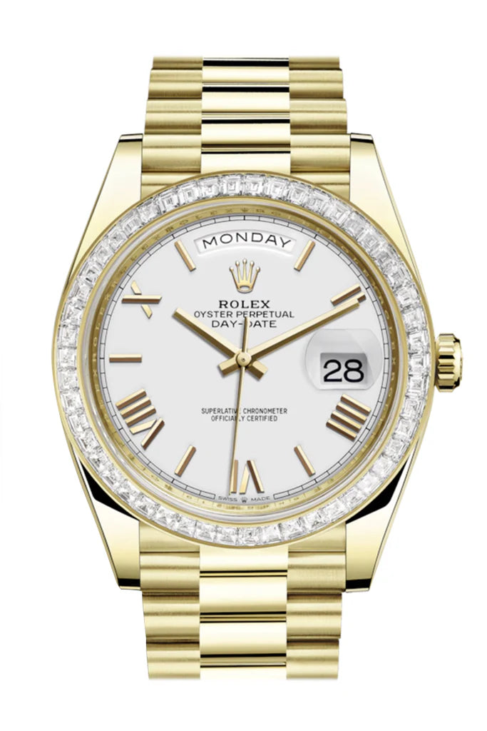 Rolex Day-Date 40 White Roman Dial 40 Baguette Diamond Bezel 18K Yellow Gold President Automatic Men's Watch 228398