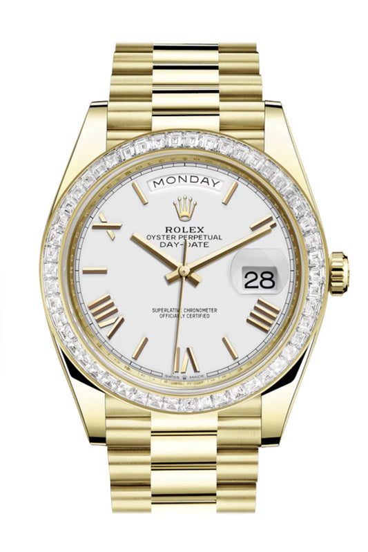 Rolex Day-Date 40 White Roman Dial 40 Baguette Diamond Bezel 18K Yellow Gold President Automatic Men's Watch 228398