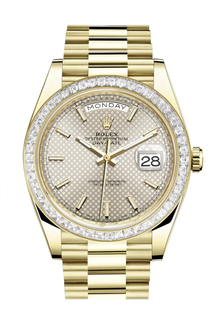 Rolex Day-Date 40 Silver Motif Dial 40 Baguette Diamond Bezel 18K Yellow Gold President Automatic Men's Watch 228398