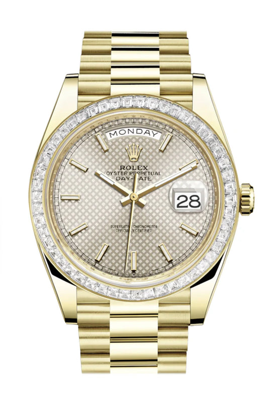 Rolex Day-Date 40 Silver Motif Dial 40 Baguette Diamond Bezel 18K Yellow Gold President Automatic Men's Watch 228398