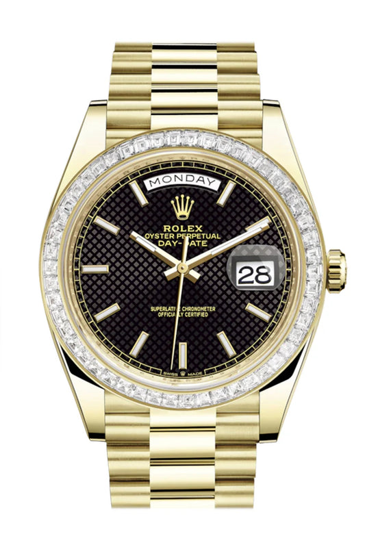 Rolex Day-Date 40 Black Motif Dial 40 Baguette Diamond Bezel 18K Yellow Gold President Automatic Men's Watch 228398