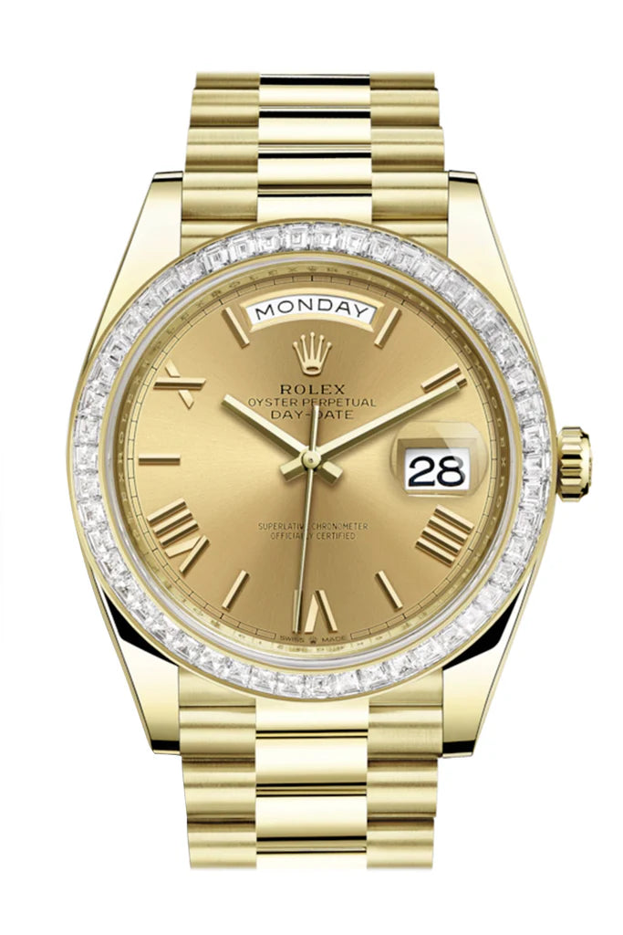 Rolex Day-Date 40 Champagne Roman Dial 40 Baguette Diamond Bezel 18K Yellow Gold President Automatic Men's Watch 228398