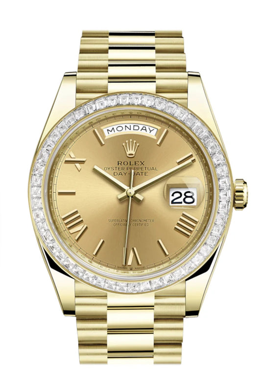 Rolex Day-Date 40 Champagne Roman Dial 40 Baguette Diamond Bezel 18K Yellow Gold President Automatic Men's Watch 228398