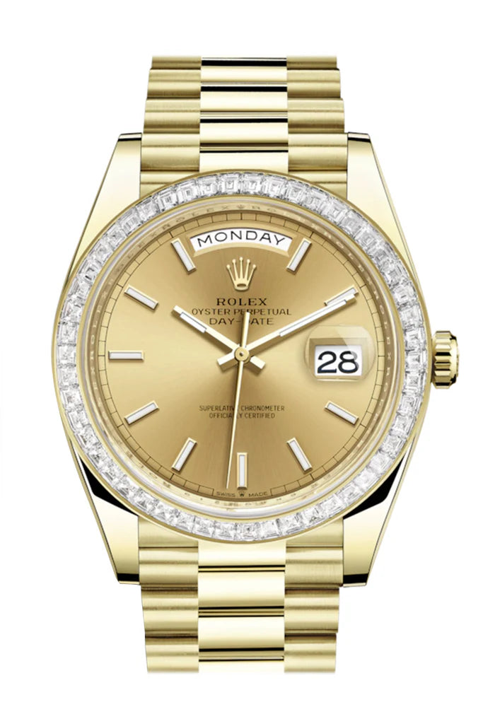 Rolex Day-Date 40 Champagne Dial 40 Baguette Diamond Bezel 18K Yellow Gold President Automatic Men's Watch 228398