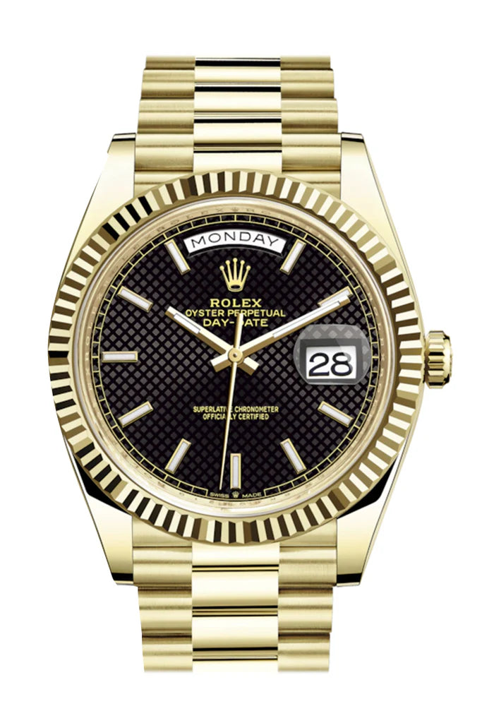 Rolex Day-Date 40 Black Diagonal Motif Dial 18K Yellow Gold Fluted Bezel President Men's Watch 228238