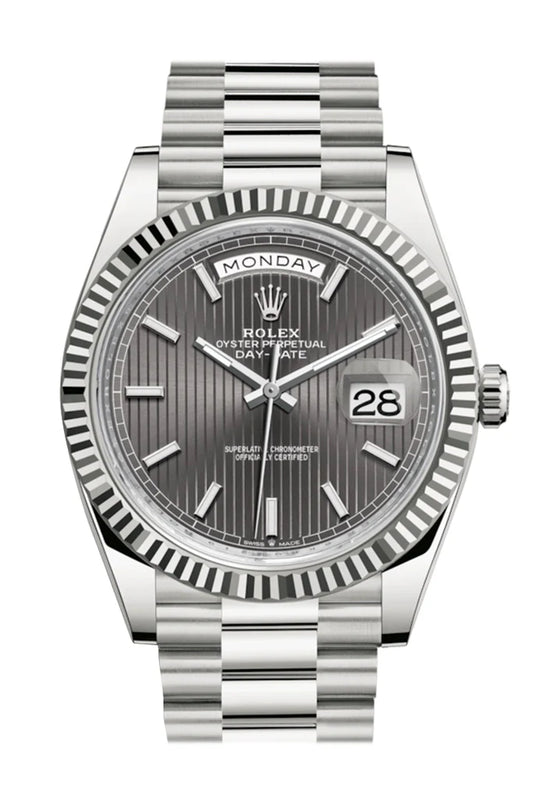 Rolex Day-Date 40 Dark Rhodium Stripe Motif Dial Fluted Bezel White Gold President Automatic Men's Watch (228239)